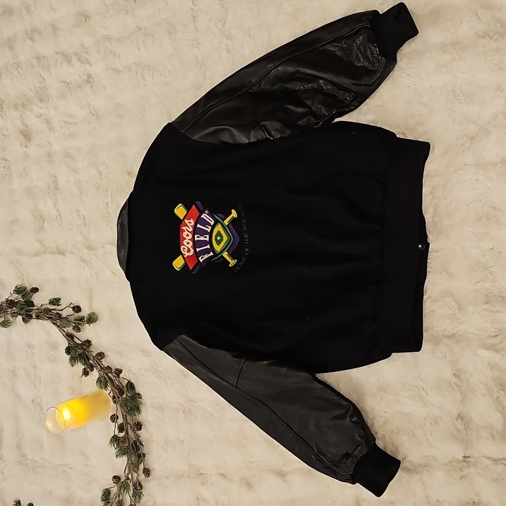 Vtg Steer Brand Coors Field Logo Black Leather Wool Blend Varsity Jacket Mens L
